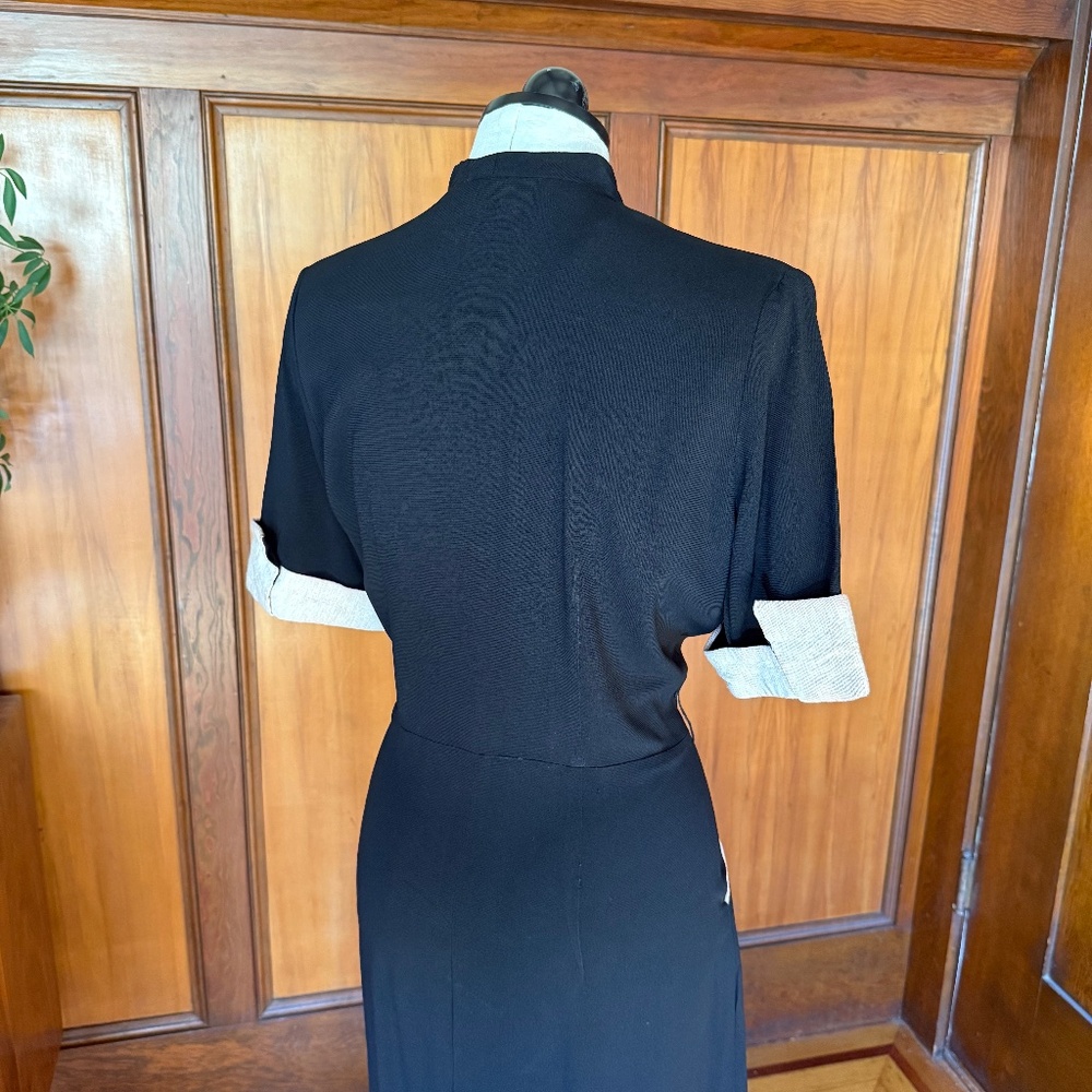 Vintage 40s 50s Black Cocktail Evening Dress w/ White Gold Lurex Rhinestones, XL - Picture 6 of 9